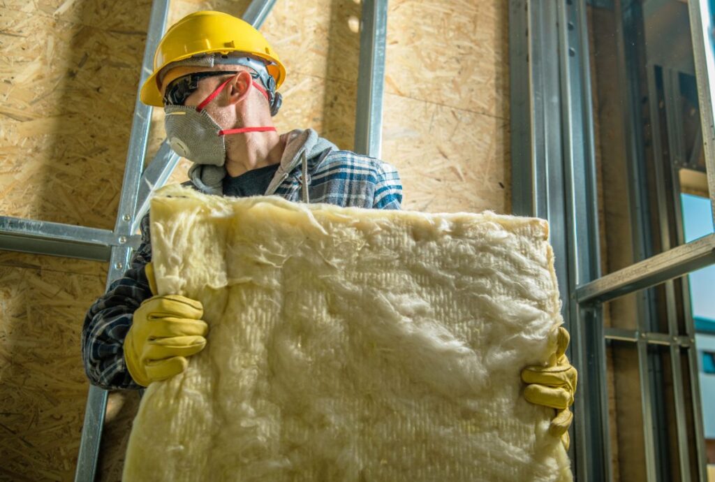 Un ouvrier qui pose une isolation en laine de verre et polyuréthane
