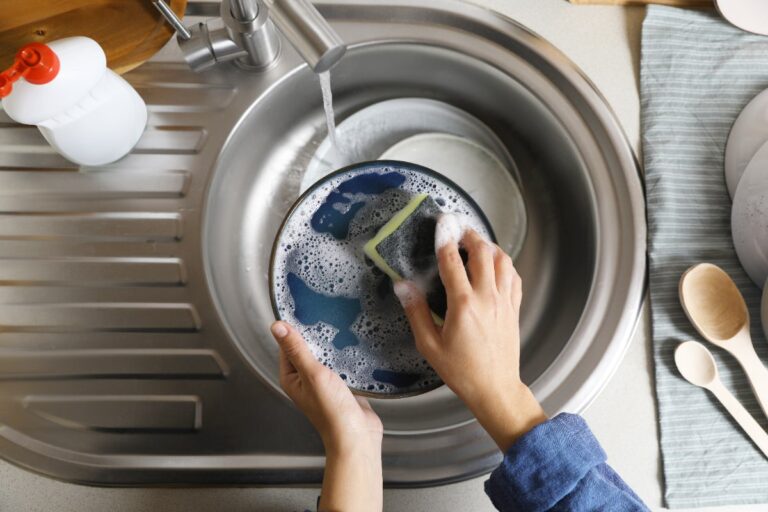 Une femme qui nettoie une assiette dans le lave-vaisselle