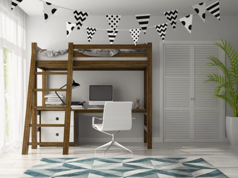 Design de chambre moderne avec un lit mezzanine et un petit espace de bureau